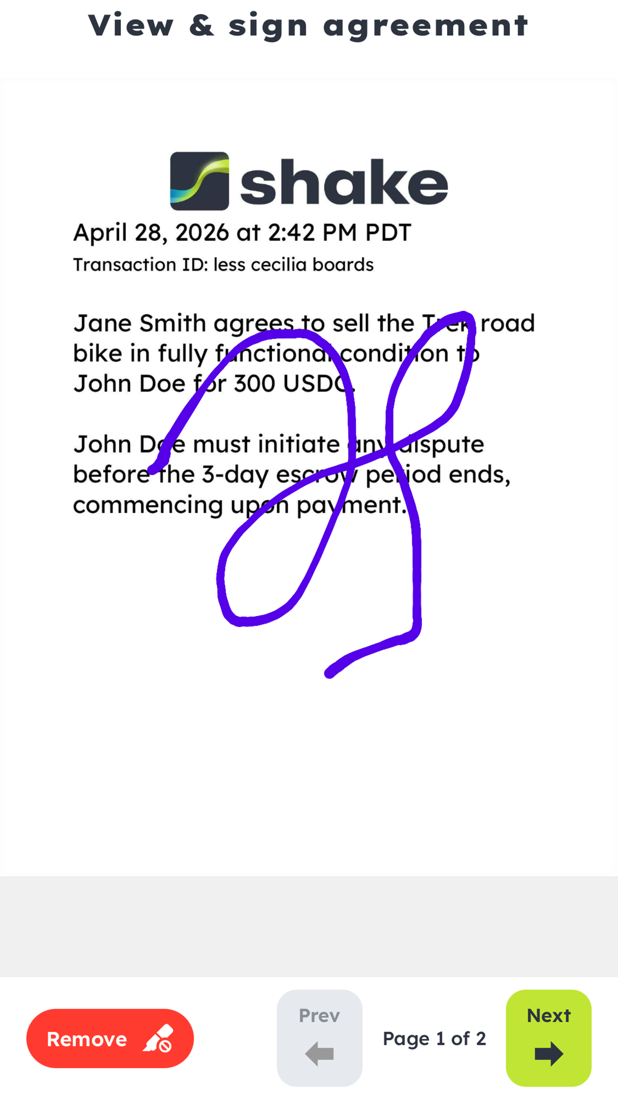 Example bike sale agreement with photos and terms