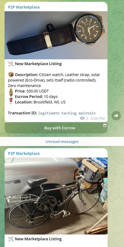 Shake P2P Marketplace Telegram channel screenshot with Citizen watch listing and Buy with Escrow button